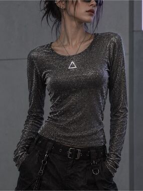 Second Skin by RD Style Sofie Scoop Neck Long Sleeve Top - Glitter Black M